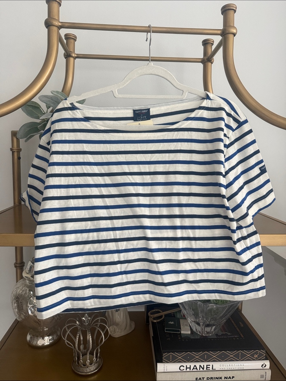 Saint James for J Crew White and Navy Striped Crop Boatneck Top